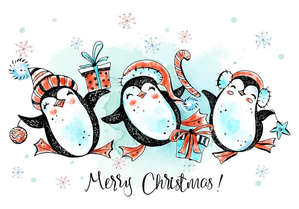 Merry Christmas Penguins Dancing New Year Card Watercolor Graphics Vector — Stock Vector