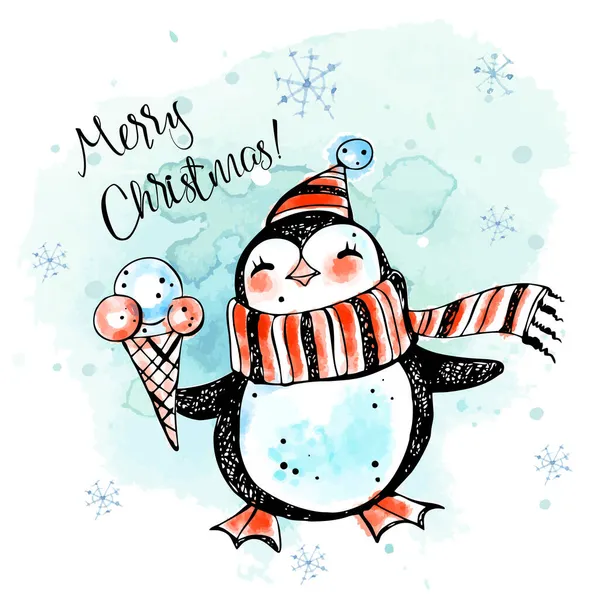 Καλά Χριστούγεννα Ένας Χαρούμενος Πιγκουίνος Καπέλο Και Φουλάρι Παγωτό Πρωτοχρονιάτικη — Διανυσματικό Αρχείο