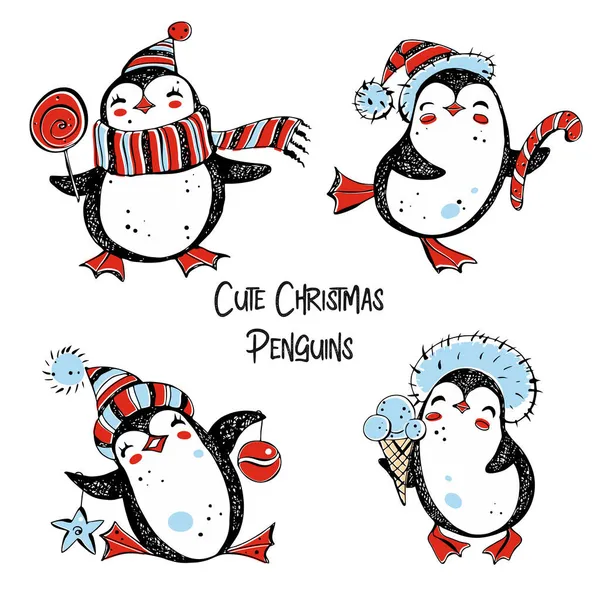 かわいいクリスマスペンギン セット2 グラフィックス Doodles Vector — ストックベクタ