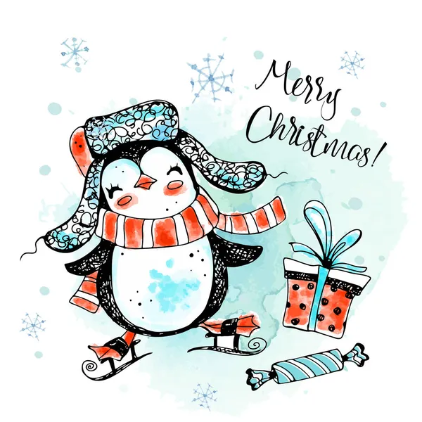 Feliz Navidad Pingüino Alegre Con Sombrero Bufanda Patines Figura Tarjeta — Vector de stock