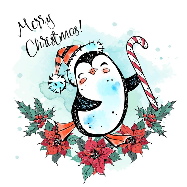 Una Tarjeta Navidad Con Pingüino Alegre Una Gorra Con Una — Vector de stock