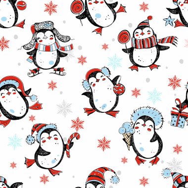 Kusursuz bir yeni yıl ve Noel desenli şirin penguenler ve kar taneleri. Vektör.