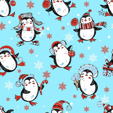 Kusursuz bir yeni yıl ve Noel desenli şirin penguenler ve kar taneleri. Vektör.