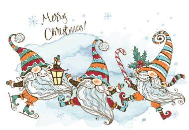 Hediyeli İskandinav cücelerden oluşan eğlenceli bir ailenin olduğu bir Noel kartı. Suluboya ve grafikler. Doodle tarzı.