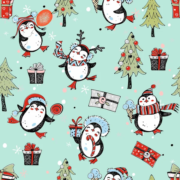 Płynny Nowy Rok Boże Narodzenie Wzór Cute Pingwiny Choinek Prezentów — Wektor stockowy