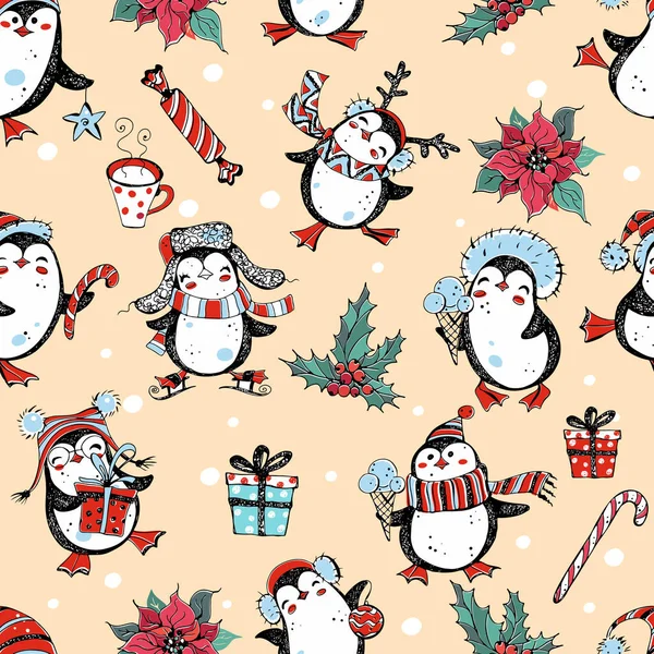 Płynny Nowy Rok Wzór Bożego Narodzenia Cute Pingwiny Darów Kwiatów — Wektor stockowy