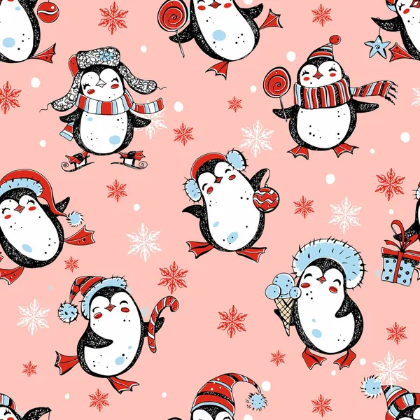 Bezproblemowy Nowy Rok Boże Narodzenie Wzór Cute Pingwiny Płatki Śniegu — Wektor stockowy