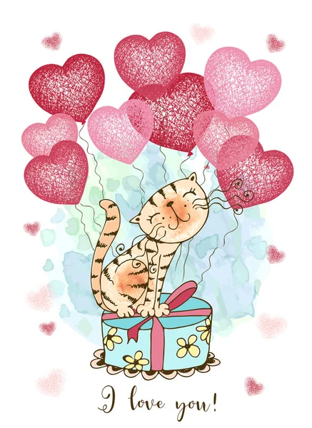 Cartão Dia Dos Namorados Gato Bonito Com Balões Forma Corações —  Vetores de Stock