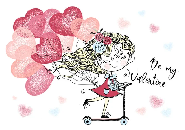 Valentine Day Card Cute Girl Balloons Rides Scooter Valentine Vector — Stock Vector