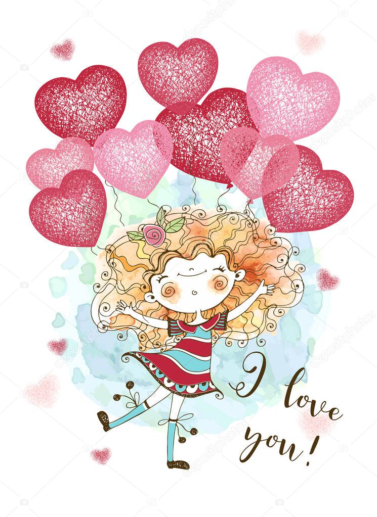 A Valentine's day card. Cute girl with balloons in the form of hearts. Be my Valentine. Vector.