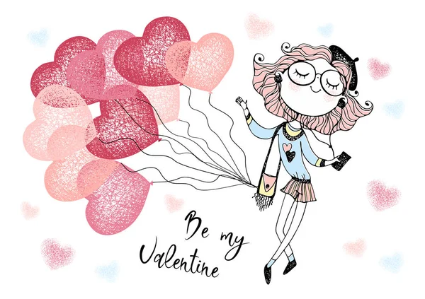 Una Tarjeta San Valentín Linda Chica Con Corazones Globo Valentine — Vector de stock