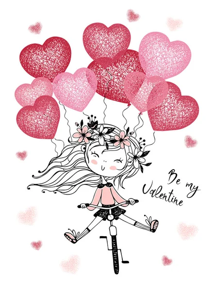 День Святого Валентина Мила Дівчина Повітряними Кулями Їздить Велосипеді Будь — стоковий вектор