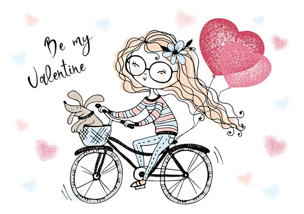 Μια Κάρτα Του Αγίου Βαλεντίνου Χαριτωμένο Κορίτσι Μπαλόνια Κάνει Ποδήλατο — Διανυσματικό Αρχείο