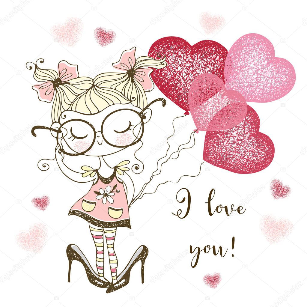 A Valentine's Day card. Cute girl with balloon hearts. I love you. Vector.