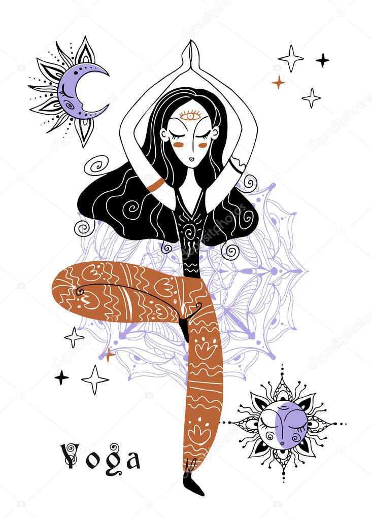 Yoga. A girl in meditation. Sky and moon. Vector
