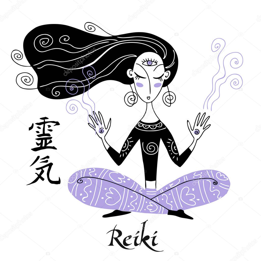Reiki healing. A girl in the lotus position conducts a Reiki session. Vector.