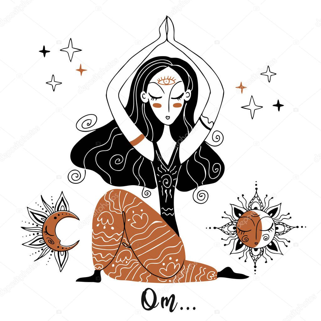 The girl does yoga. Om. Meditation. Yoga positions Namaste Vector
