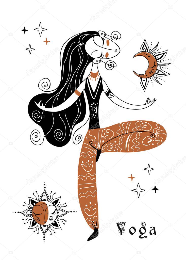 Yoga. A girl in meditation. Sky and moon. Esoteric Vector