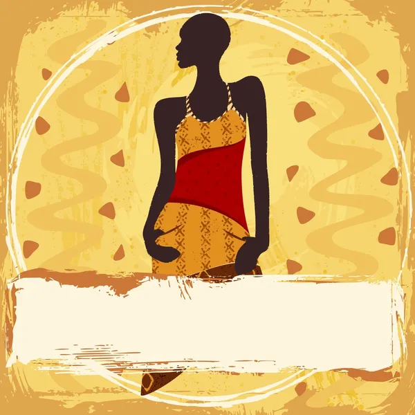 Grunziges Banner mit einer Afrikanerin in einem gemusterten Kleid — Stockvektor
