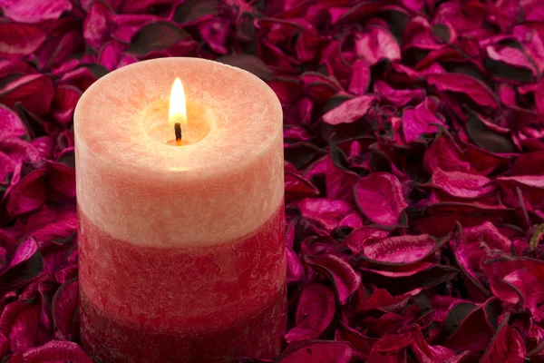 Свеча на лепестки роз — стоковое фото