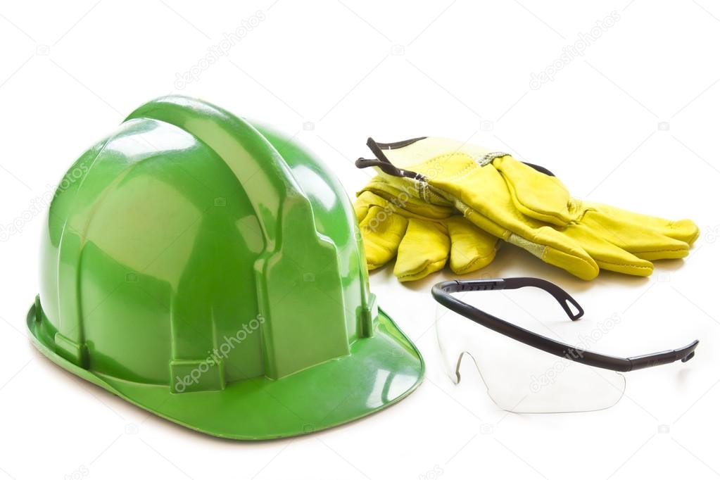 Helmet, gloves and safety glasses