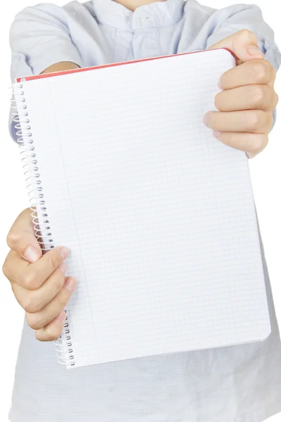 Garoto mostrando seu caderno — Fotografia de Stock