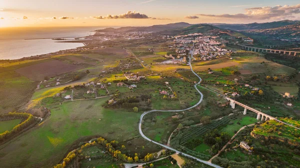 Vista Aérea Agrigento Atardecer Con Ciudad Porto Empedocle Fondo Sicilia — Foto de Stock