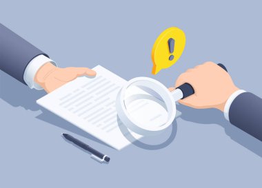 isometric vector illustration on a gray background, a man in a business suit offers to sign a document and another examines these papers through a magnifying glass, read what you sign clipart