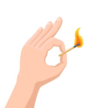 Beyaz zemin üzerinde izometrik vektör çizimi izole edildi, el yanan bir kibrit, yangın güvenliği ve yangınla doğru davranış