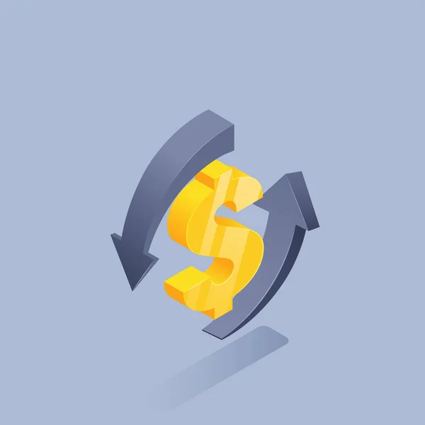 Isometrische Illustratie Grijze Achtergrond Geel Dollarteken Met Pijlen Valutawissel Financiële — Stockvector