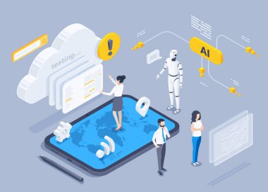Gri arkaplandaki izometrik vektör çizimi, bir erkek ve kadın yapay zekayla birlikte verilerle çalışan bir robot gibi,