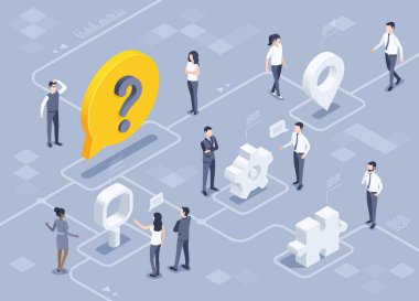 Gri arka planda izometrik vektör çizimi, iş elbiseli erkek ve kadınlar soru işaretiyle bir metin baloncuğunun yanında duruyor, ortak bir sorunu çözüyorlar