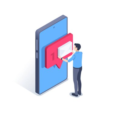 Beyaz arkaplandaki izometrik vektör çizimi, bir adam akıllı telefondan gelen bir mektup hakkında bir mesaj aldı, zarflı bir mesaj balonu.