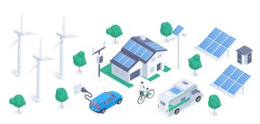 Beyaz arka planda izometrik vektör çizimi, rüzgar jeneratörü ve güneş pili, yeşil enerji, elektrikli araba ve güneş enerjili ev
