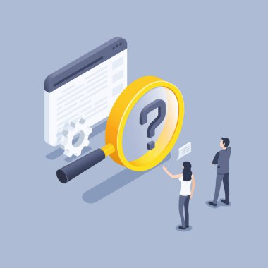 Gri arkaplandaki izometrik vektör çizimi, büyüteçteki bir soru işareti ve iş elbiseli insanlar tarayıcı penceresine bakıyorlar ve çalışma anlarını tartışıyorlar.