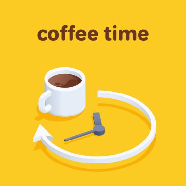 Sarı zemin üzerinde izometrik vektör çizimi, kahve fincanı ve saat el, mola veya kahve zamanı