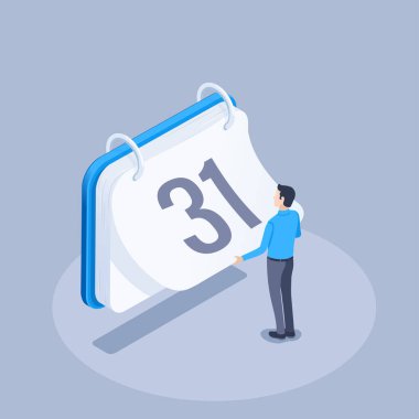 Gri arkaplandaki izometrik vektör çizimi, bir adam bir takvimin 31 numaralı sayfasını yırtıp atar, yıl sonu ve ayın başlangıcı