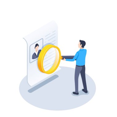 Beyaz arkaplandaki izometrik vektör çizimi. Büyüteçle bir adam, özgeçmişi olan bir kağıt kağıdın yanında duruyor.