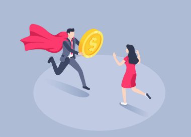 Gri arkaplandaki izometrik vektör çizimi, takım elbiseli ve süpermen pelerinli bir adam kırmızı elbiseli bir kadına altın parayla koşuyor, hızlı finansal yardım veya uygun fiyatlı kredi.