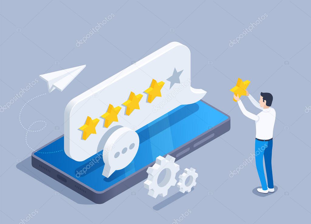isometric vector illustration on a gray background, a man puts 5 stars in the rating of a comment on a smartphone screen, user activity and rating on the Internet
