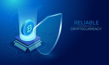 Koyu mavi arkaplanda izometrik vektör çizimi, mikroişlemci ve bitcoin önünde bir kalkan, güvenilir veya güvenli bir kripto para birimi