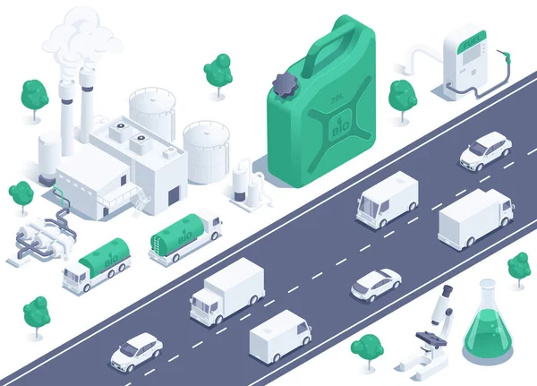 白色背景上的等距矢量图解 生物燃料生产工厂 配药机旁的罐和燃料卡车 道路上驾驶生态生物燃料的汽车 — 图库矢量图片