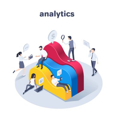 Beyaz zemin üzerinde izometrik vektör çizimi, büyük dalgalı bir tablo üzerinde iş elbiseli insanlar, analitik veya veri çalışması