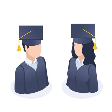 Beyaz arka planda izometrik vektör çizimi, önlük ve bekar şapkası giymiş kadın ve erkek ikonları, öğrenci mezunları