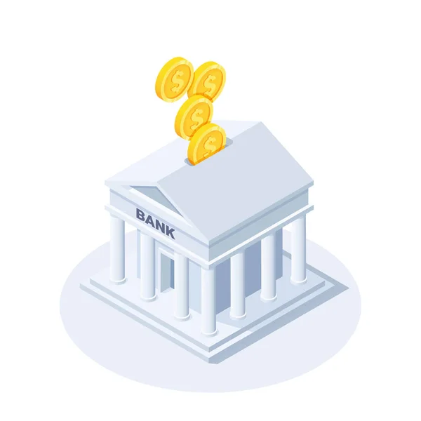 Ισομετρική Διανυσματική Απεικόνιση Λευκό Φόντο Κτίριο Τράπεζας Και Χρυσά Νομίσματα — Διανυσματικό Αρχείο