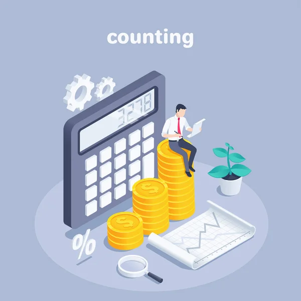 グレーを背景にした等価性ベクトル図ビジネス服の男は計算機の近くに金のコインのチャートに座ってお金や収入の統計を数える — ストックベクタ
