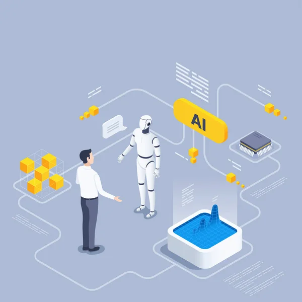Gri arkaplandaki izometrik vektör çizimi, iş elbiseli bir adam yapay zeka kullanarak bir robotla konuşuyor, sanal verilerle çalışıyor.