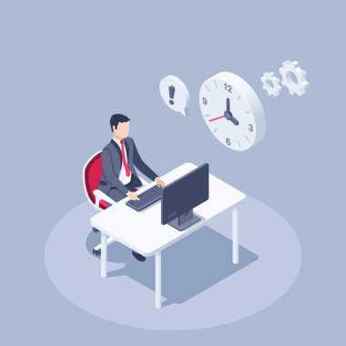 isometric vector illustration on a gray background, a man in a business suit sits at a desktop near a big clock and a text bubble with an exclamation sign, be on time or deadline