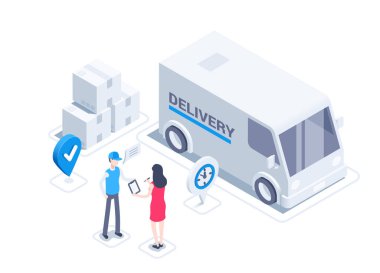 isometric vector illustration isolated on white background, delivery car next to boxes and location icon, woman signs delivery note of receipt