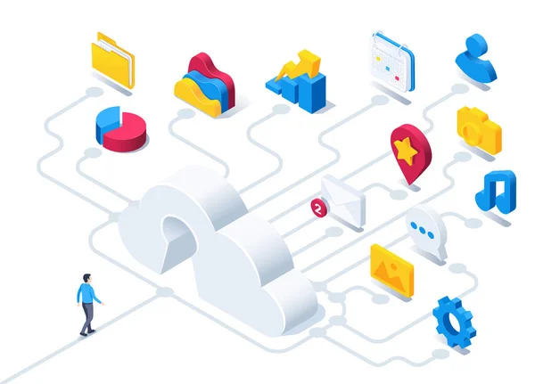 Isometric Vector Illustration White Background Man Goes Cloud Keyhole Icons — Archivo Imágenes Vectoriales